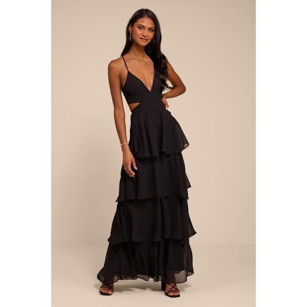 Lulus Tier And Now Black Tie-back Tiered Maxi Dress - Size S